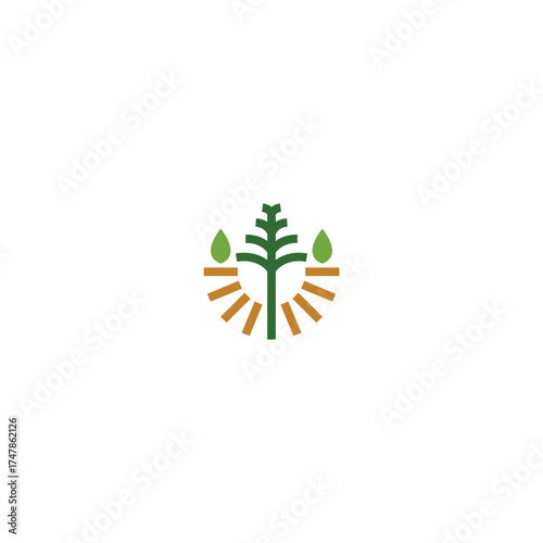 Abstract green and brown logo showing a tree with leaves and sun rays on a white background