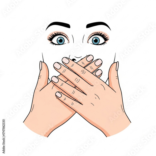 Astonished expression with hands covering mouth, conveying shock, surprise, or keeping a secret, blue eyes wide open in disbelief or fear