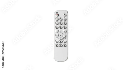 A white, rectangular remote control with many buttons against a black background
