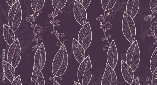 Delicate floral patterns with falling leaves create an elegant botanical background.
