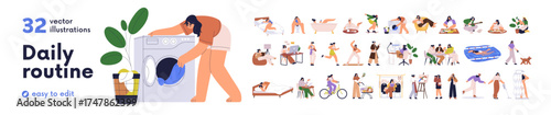 Women daily routine set. Girls everyday life from morning till night with hobbies, workout, friends. Womans day, work and leisure, relax. Flat graphic vector illustrations isolated on white background
