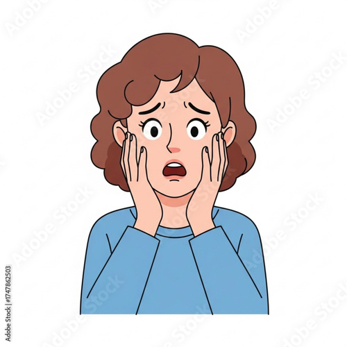 Woman expressing shock, fear, and worry with hands on face, conveying stress, anxiety, and concern in an illustration made to capture emotion