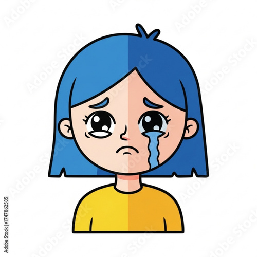 Cartoon girl with blue hair shedding tears, expressing sadness and loneliness after heartbreak or loss, symbolizing emotional vulnerability and pain