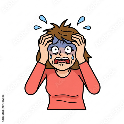 Woman gripped by anxiety, struggling with overwhelming stress and feeling desperate with head in hands, a cartoon illustration of mental health issues