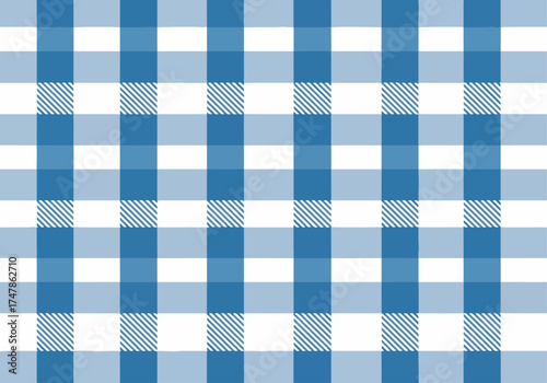Seamless blue and white gingham checkered tablecloth pattern, a classic picnic fabric texture design