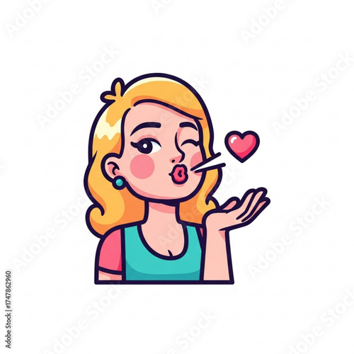 Adorable blonde winking girl sending love with a kiss and a heart floating, perfect for Valentine's designs, social media, or greeting cards with a playful touch