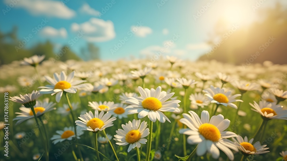 Fototapeta premium Vibrant Daisy Field in Sunny Meadow Landscape