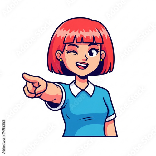 Cheerful cartoon woman with red hair winking and pointing directly at you, perfect for grabbing attention and adding a playful touch to your project