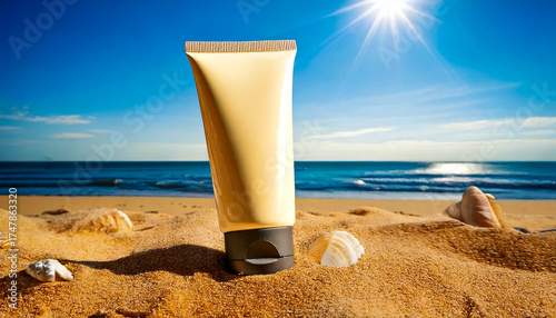 Close-up of sunscreen product mockup in sleek tube packaging, placed on a beach-inspired background with sand, seashells, and sunlight reflections. Emphasize UV protection, summer skincare
