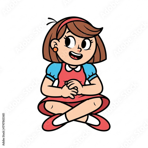 Charming cartoon girl sitting cross-legged, radiating joy and playful innocence with her bright eyes and cheerful smile, perfect for children's content