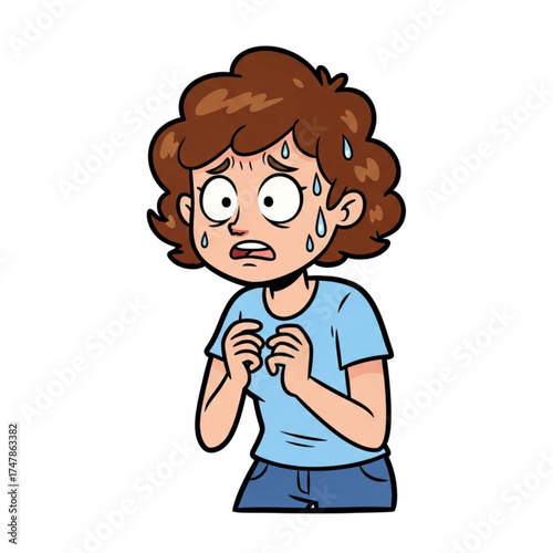 Cartoon woman looking anxious and fearful with sweat dripping down her face, expressing worry and stress in a challenging situation, vector-based illustration