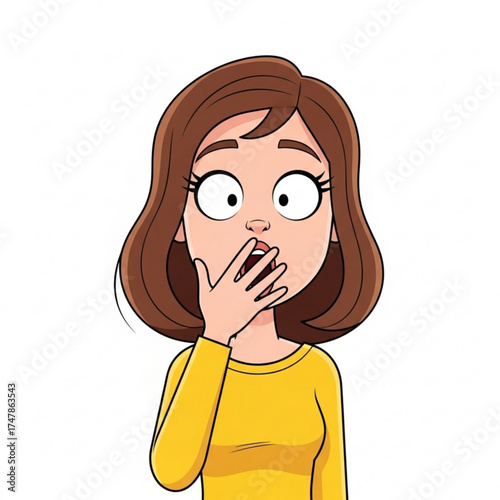 Shocked cartoon woman reacting to surprising news with hand over mouth, expressing disbelief or astonishment in a moment of pure surprise
