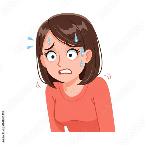 Anxious brunette woman sweats nervously, experiencing overwhelming stress and panic during challenging times, showcasing vulnerability and emotional distress