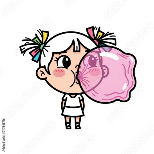 Adorable cartoon girl blowing a huge pink bubble gum bubble, her playful expression captures the carefree joy of childhood and sweet nostalgia