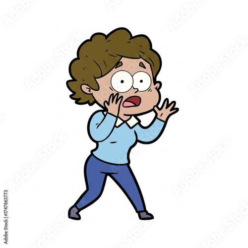 Cartoon woman looking terrified, hands raised in fright, eyes wide with fear, perfect for expressing shock, surprise, or disbelief in a visual context