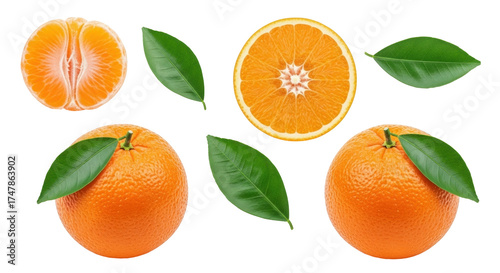 Cuadro en lienzo Isolated fresh oranges with leaves in different variations, close up view, healt
