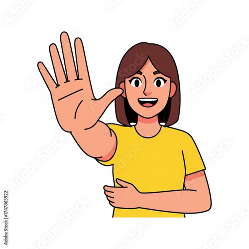 Friendly woman says hello or stop with open hand, a welcoming gesture or signal, conveys positivity and approachability in a modern, clean design