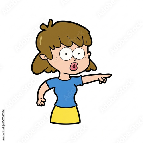 Expressive cartoon woman points urgently, perfect for adding visual emphasis to educational materials or social media with a sense of discovery or alarm