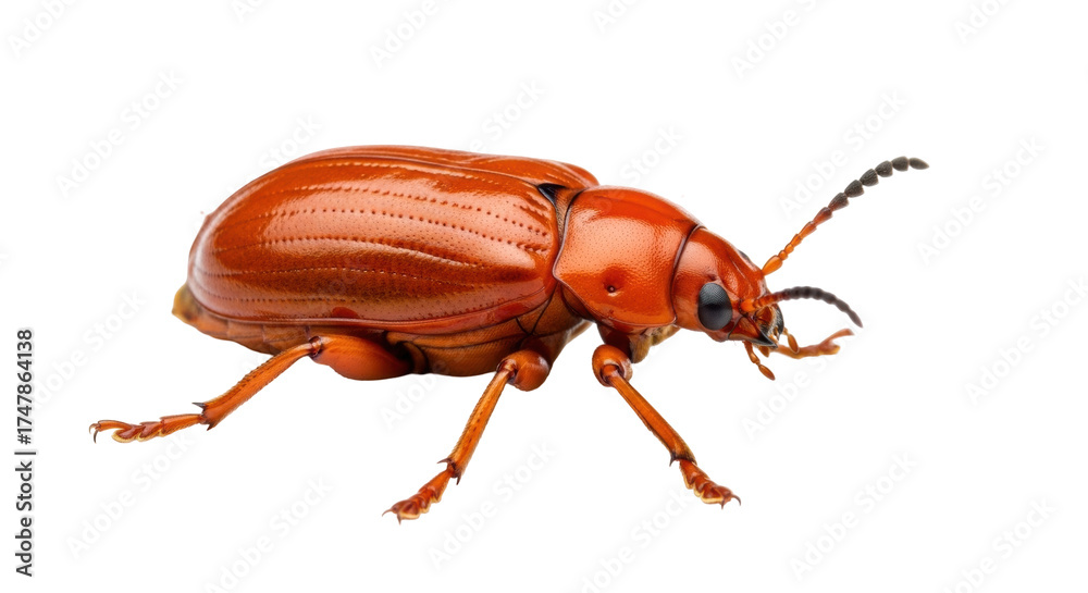 Naklejka premium Isolated Orange Leaf Beetle with Long Antennae Crawling on Transparent Surface, Detailed View
