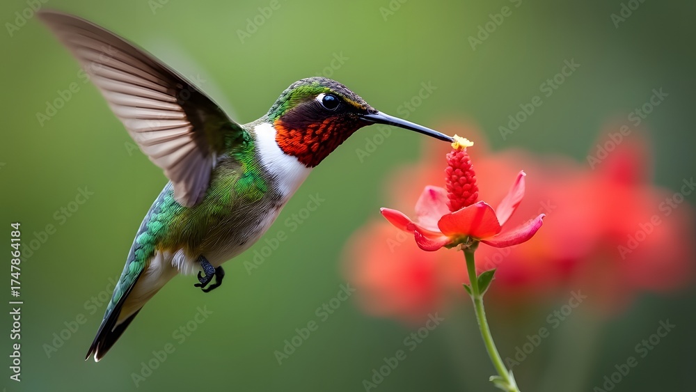 Fototapeta premium Vibrant Hummingbird Feeding on Red Flower Blossom