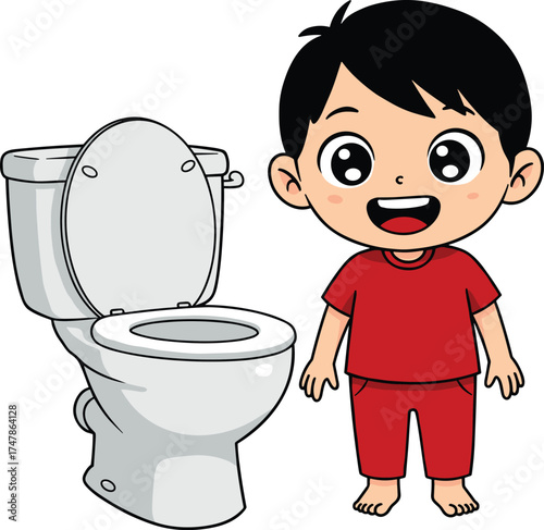 Cartoon child standing beside toilet, educational vector illustration for bathroom habits, hygiene training, potty learning, and daily routine themes