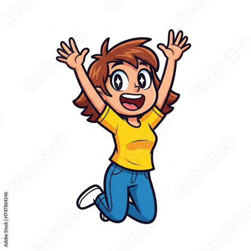 Joyful cartoon girl jumping for joy with arms raised high, radiating pure happiness and energy in a fun, vibrant design. Perfect for positive messages!