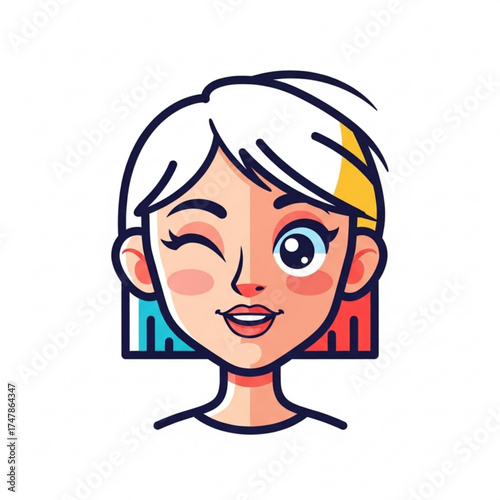 Playful cartoon portrait of a winking girl with modern geometric hair in vibrant colors, radiating confidence and charm, ideal for youthful brands