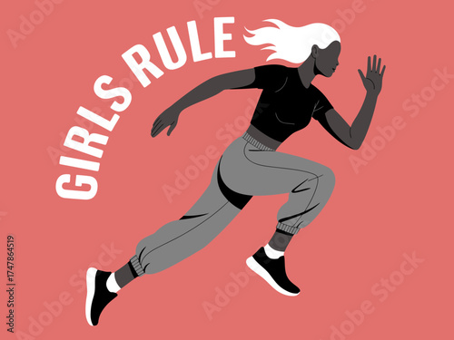 An illustration of a girl in motion promoting empowerment and a positive attitude through the phrase 'Girls Rule,' showcasing athleticism and strength in a vibrant style.