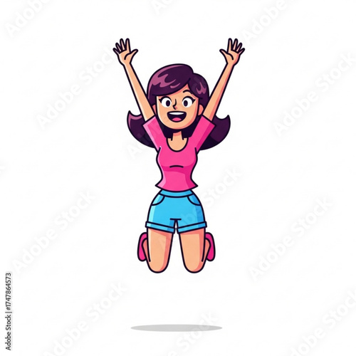 Cartoon girl jumping with joy and excitement, arms raised high in celebration, radiating happiness and playful energy, perfect for upbeat youthful themes
