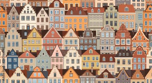 A charming collection of colorful old buildings with unique architectural styles lining a picturesque street.