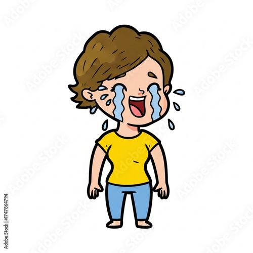 Joyful tears overflow from a cartoon woman's eyes, a burst of unbridled happiness and elation, expressing intense positive emotion in a bright, cheerful scene