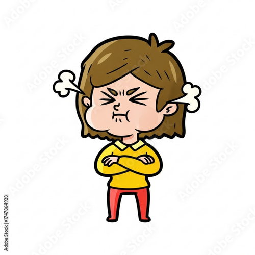Furious cartoon woman with steam coming from ears, arms crossed, expressing anger and frustration, conveying strong negative emotion, resentment and annoyance
