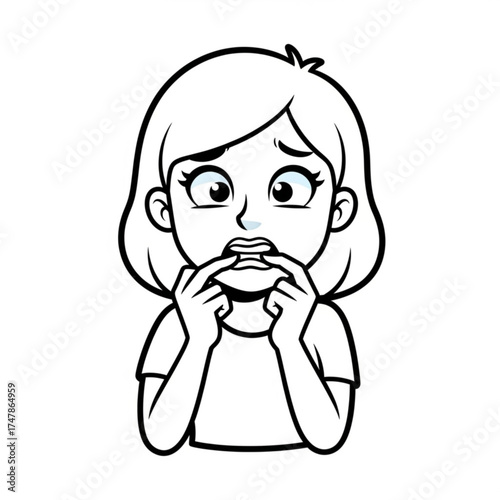 Worried girl biting nails in distress, feeling anxious and insecure about difficult situation, needing help with mental health, and stress relief strategies