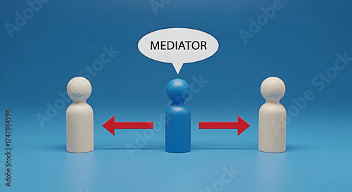 Mediator facilitates communication between two parties with arrows on a blue background representing conflict resolution and negotiation process