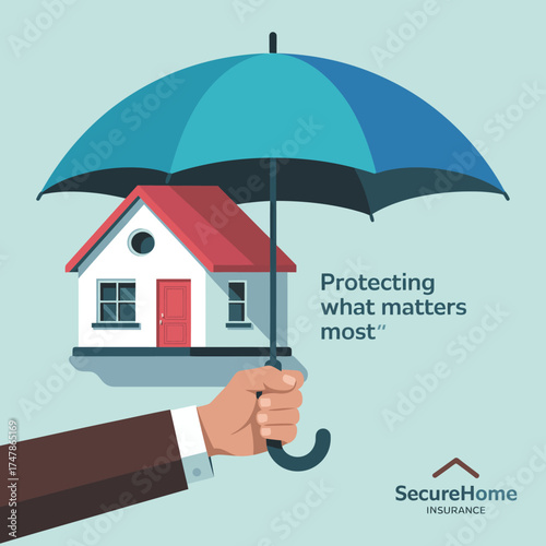 This image beautifully illustrates the concept of home insurance, showcasing a house under an umbrella, symbolizing protection and security for what matters most in life.