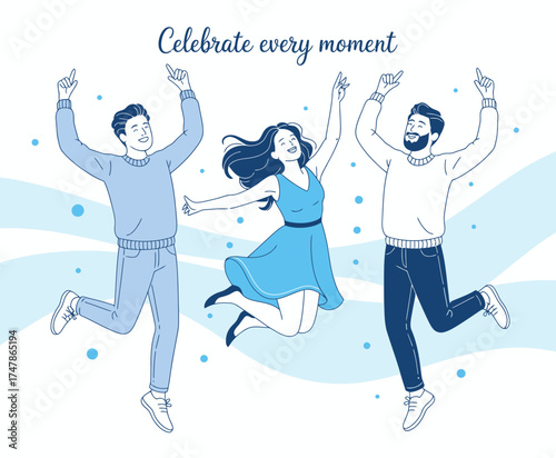 A vibrant illustration capturing three people joyfully jumping in celebration, representing happiness and spontaneity in a playful artistic style.