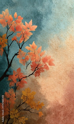 Watercolor autumn leaves branch background for seasonal poster or greeting card  