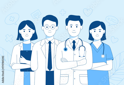 This illustration features a diverse medical team composed of four healthcare professionals standing confidently, representing teamwork and dedication in the medical field.