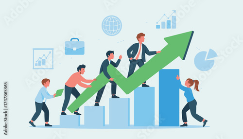 An engaging illustration showing individuals collaboratively elevating a large upward arrow on bar graphs, symbolizing business growth, teamwork, and success in the corporate world.