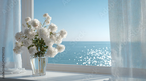 Windowsill Sea View and White Bouquet