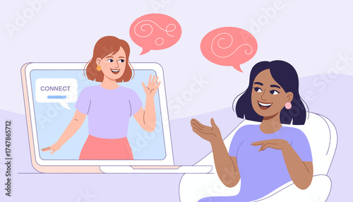 An engaging illustration featuring two friends discussing via video chat, emphasizing the importance of remote connection and open communication in today's world.