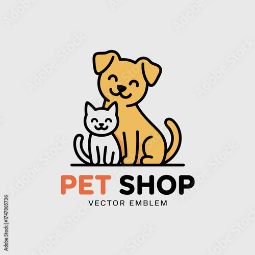 A cheerful dog and cat are depicted together in a charming emblem suited for a pet shop, capturing the essence of companionship and love for pets and animals.