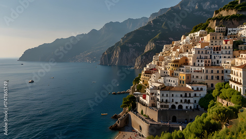 Fototapeta Naklejka Na Ścianę i Meble -  It is outstanding with views of various houses and buildings built cascading along the mountainside.