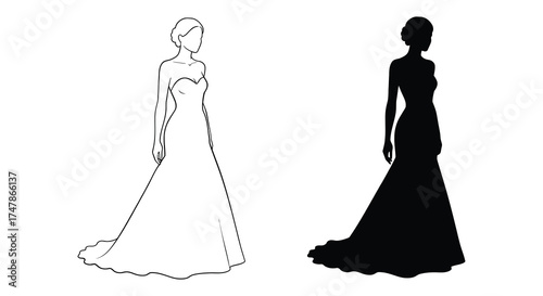 Elegant woman in full length gown silhouette and sketch side-by-side bridal fashion design comparison silhouette