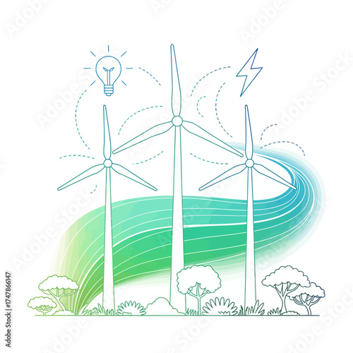 Illustration of three wind turbines generating renewable energy amidst greenery, symbolizing sustainability and innovation in harnessing natural resources for electricity production.