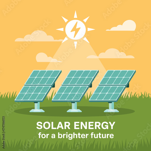 An engaging illustration of solar panels positioned in a bright field, symbolizing the shift to renewable energy and environmental sustainability for a brighter future.