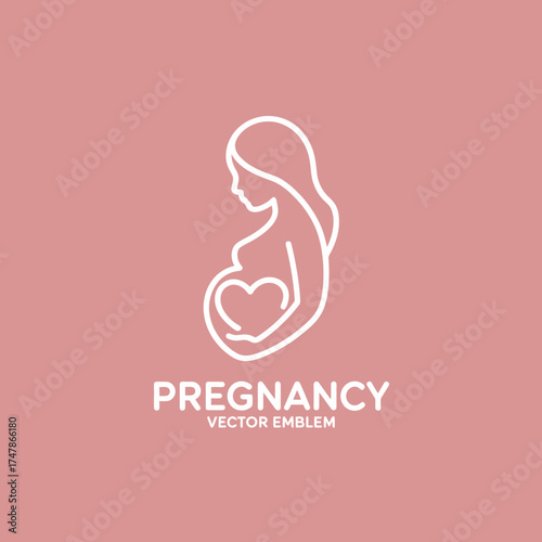 A minimalist and elegant vector emblem showcasing a pregnant woman holding her belly, expressing love and motherhood through a heart shape. Perfect for maternity themes.