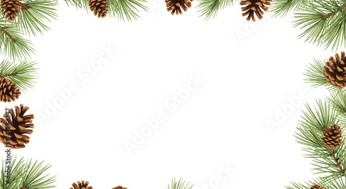 A festive natural border of pine cones and green pine needles framing a white space.