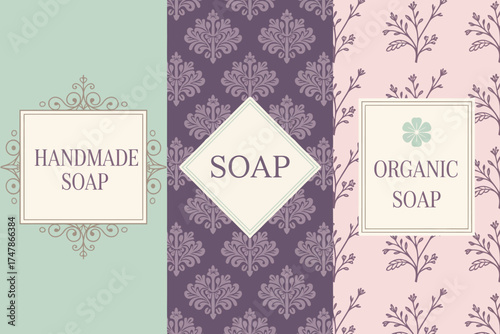 Three different soap packaging designs showcase elegant and decorative patterns emphasizing handmade and organic elements, suitable for artistic and natural product brands.