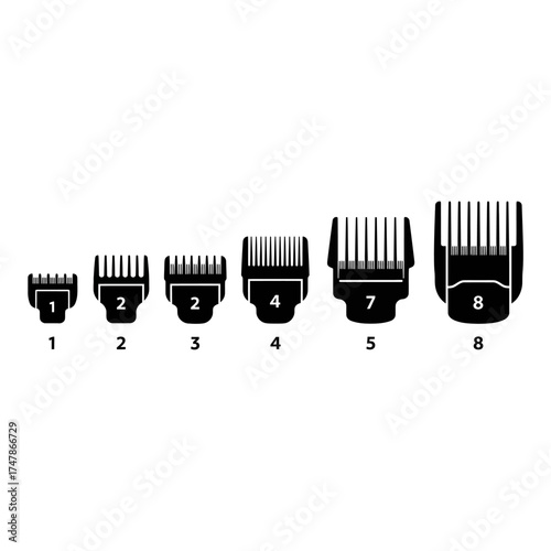 A collection of seven different sized hair clipper guards, numbered 1 through 8, excluding 5 and 6.